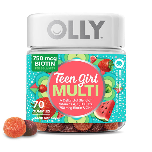 OLLY frasco frente con diseño y cantidad visible, conveniencia diaria