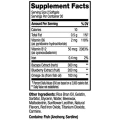 OLLY etiqueta con lista de ingredientes clave y vitaminas B visibles