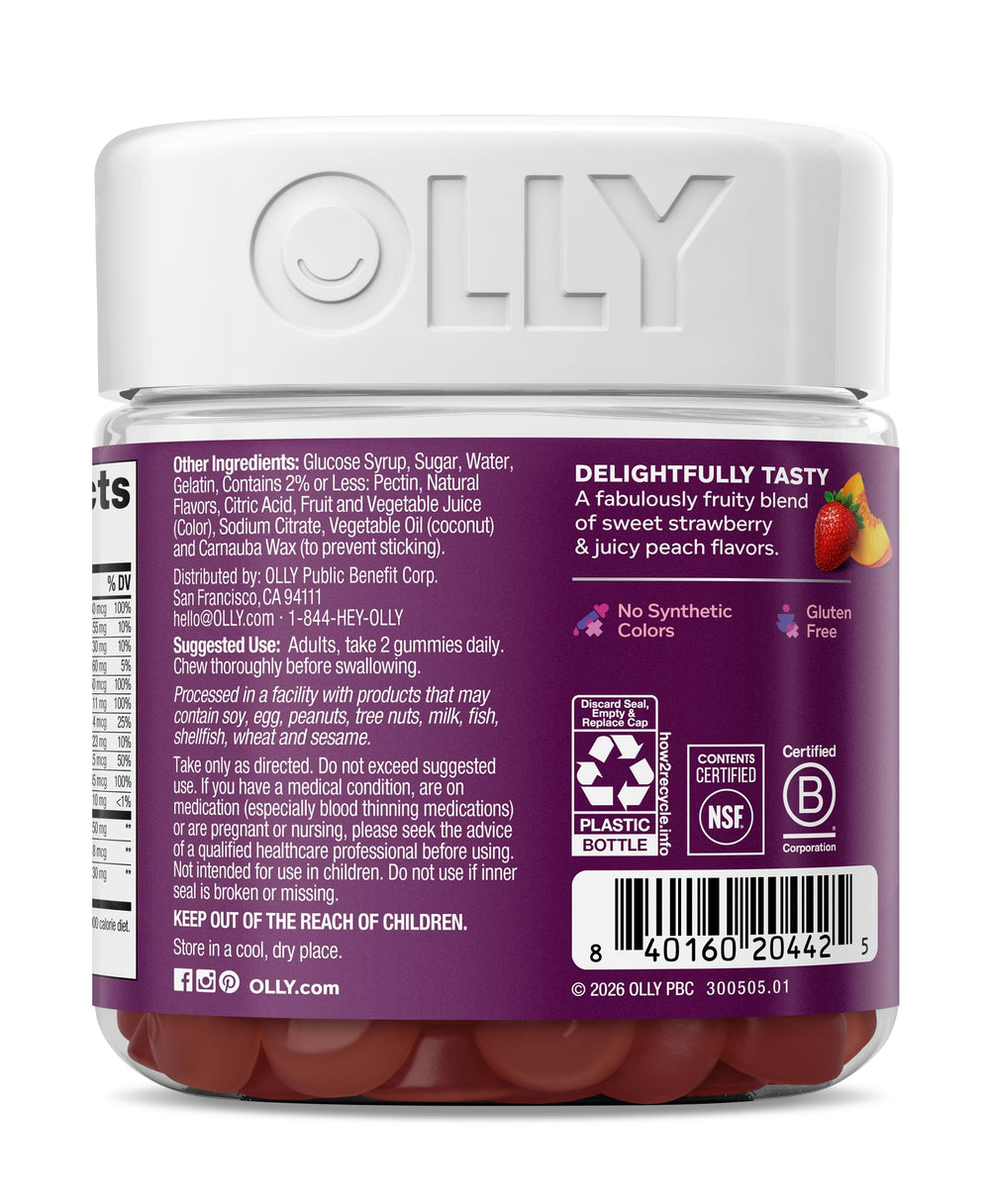 Ingredientes clave OLLY: CoQ10, vitamina K2 y L‑Teanina destacados visualmente