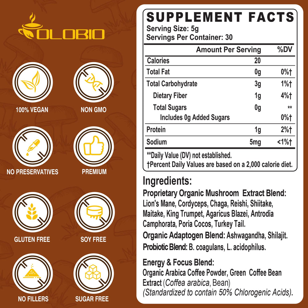 Polvo fino OLOBIO Mushroom Coffee en primer plano, disolución rápida y textura cremosa