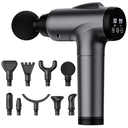 OLsky pistola de masaje frontal mostrando diseño compacto y potencia