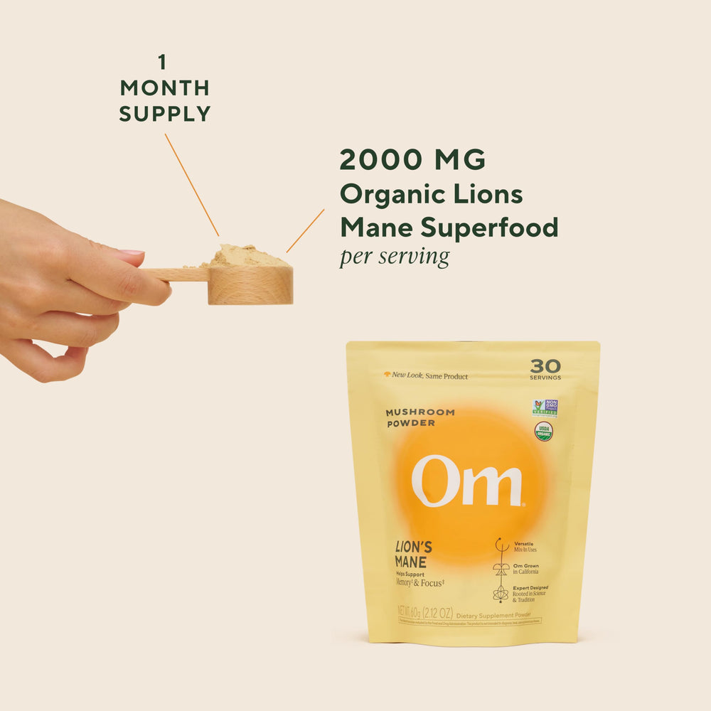 OM MUSHROOM SUPERFOOD cucharada de 2,000 mg mostrando escala de porción