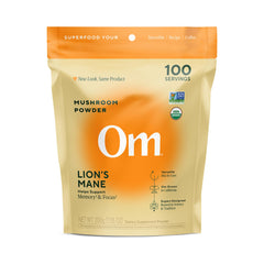 OM MUSHROOM SUPERFOOD presentación frontal del envase, identifica el producto fácilmente