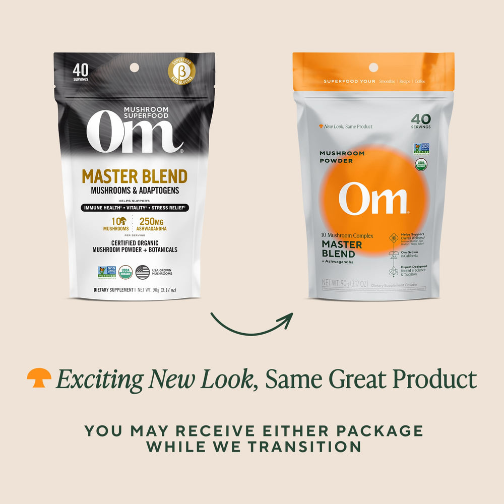 OM MUSHROOM SUPERFOOD etiqueta con lista de ingredientes y certificaciones