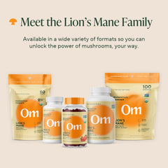 OM MUSHROOM SUPERFOOD hongo Lion’s Mane junto al frasco indicando origen natural