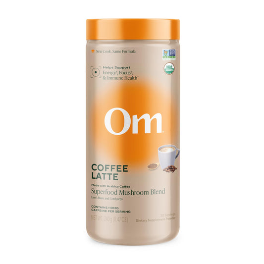 OM MUSHROOM SUPERFOOD frente del envase mostrando diseño y porciones