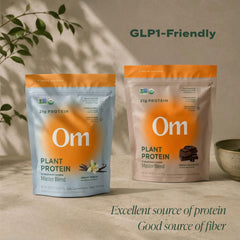 OM MUSHROOM SUPERFOOD comparación de bolsa y scoop indicando 16 porciones