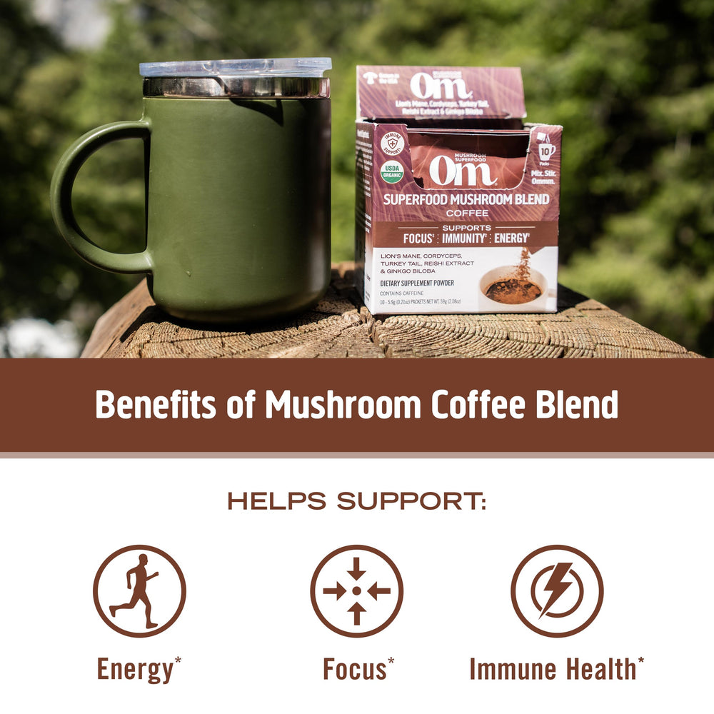 OM MUSHROOM SUPERFOOD porción en cuchara lista para mezclar rápida preparación