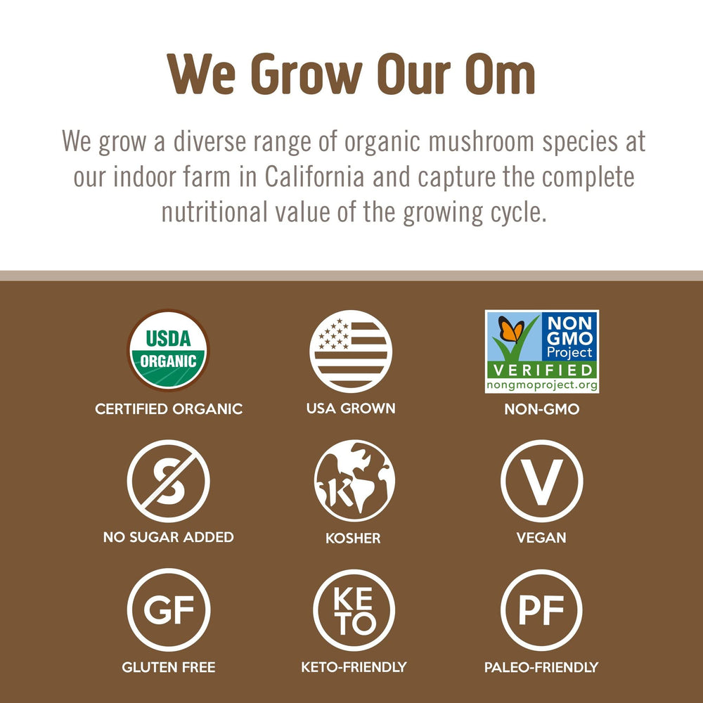 OM MUSHROOM SUPERFOOD etiqueta con certificaciones orgánicas y seguridad comprobada