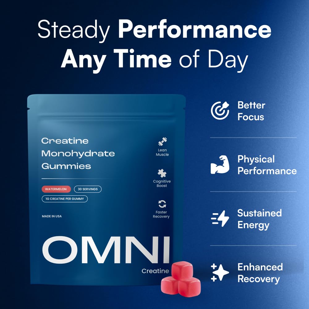 OMNI Creatine gominola sobre una mano mostrando tamaño práctico y consumo cómodo