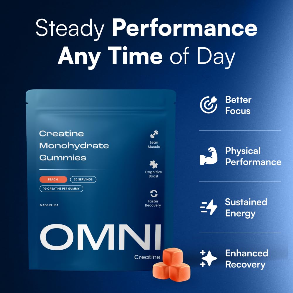 OMNI Creatine gomita en mano lista para tomar y práctica para entrenar