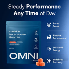 OMNI Creatine gomita en mano lista para tomar y práctica para entrenar