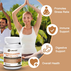 Cápsulas veganas de OMOGS Ashwagandha, aptas para dietas libres de gluten.