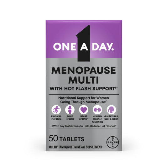 One A Day frente del envase mostrando la marca y beneficios de menopausia