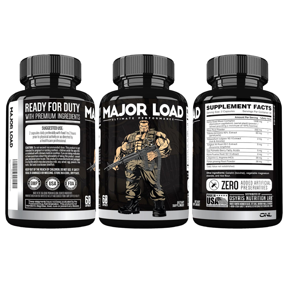 ONL Major Load sobre mesa con otros suplementos en ambiente lifestyle equilibrado