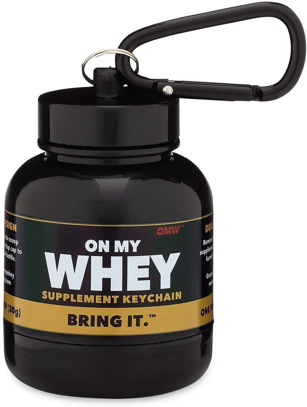 OnMyWhey compact protein container fits in small bags