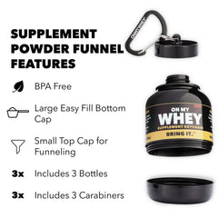 OnMyWhey travel funnel attached to a keychain keeps supplements accessible