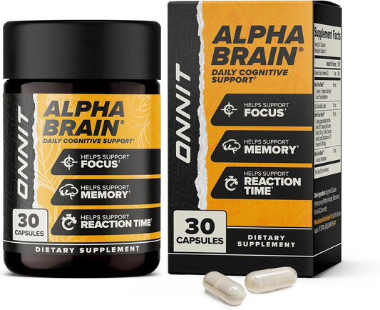 ONNIT Alpha Brain, caja del producto, enfoque claro para el día.