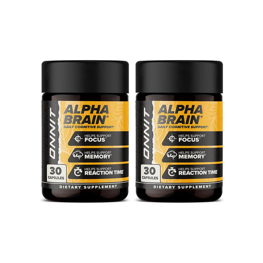 ONNIT Alpha Brain, botella externa, apoyo a la concentración diaria.
