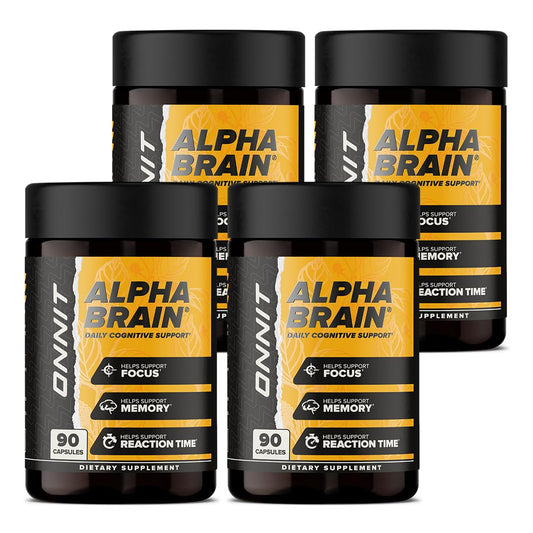 ONNIT Alpha Brain cápsulas en botella para claridad mental diaria.