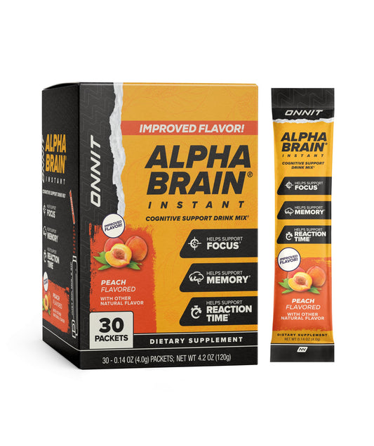 ONNIT Alpha Brain Instant packaging frontal mostrando 30 sobres y beneficio portabilidad
