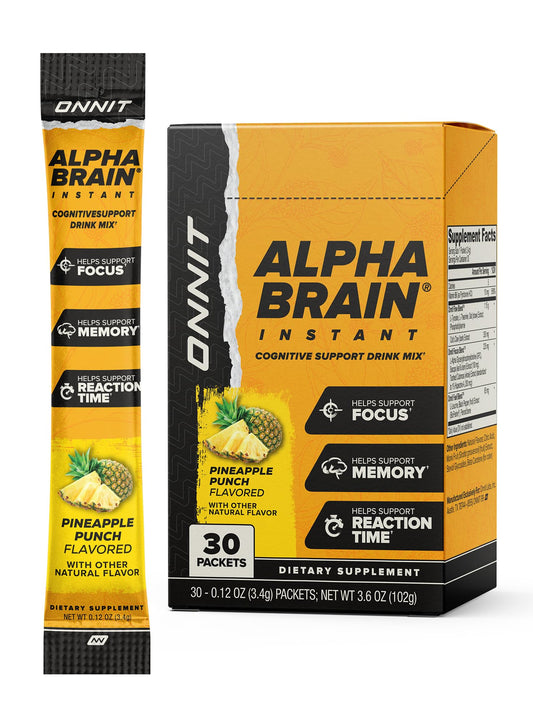 ONNIT Alpha Brain Instant en botella con sabor Piña, apoyo a la concentración.