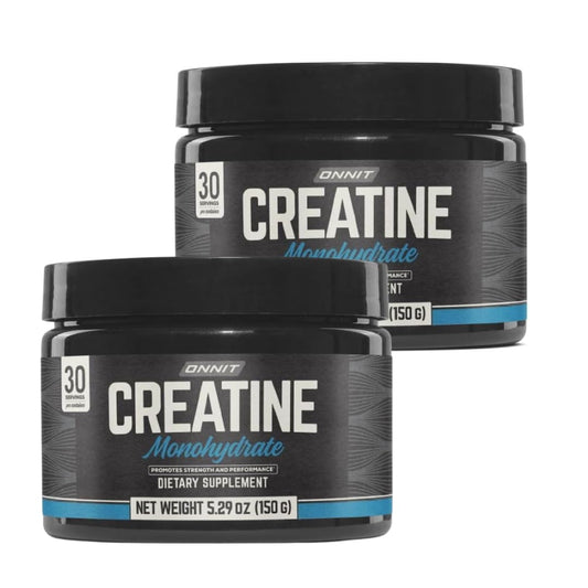 ONNIT creatina monohidrato polvo, 2 tarrinas visibles, para potencia y fuerza en entrenamiento.