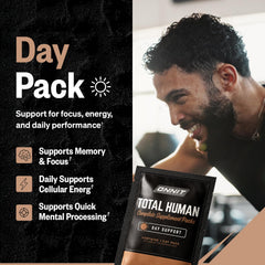 ONNIT Total Human comparación de tamaño con una mano, muestra portátil y compacto