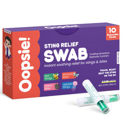 oopsie envase frontal mostrando 10 hisopos, práctico y portátil