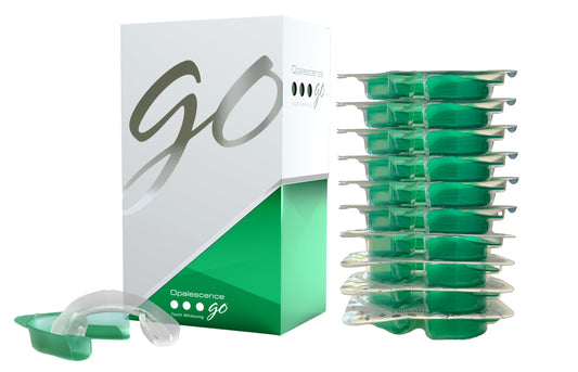 Opalescence empaque frontal mostrando 20 férulas y beneficio de comodidad