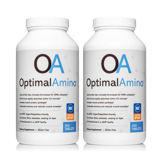OptimalAmino envase frontal mostrando el sello y beneficio de recuperación rápida