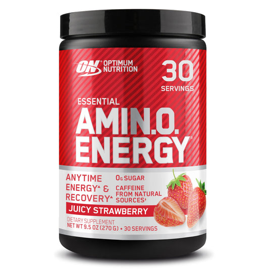 Optimum Nutrition frasco frontal mostrando etiqueta y beneficio energía