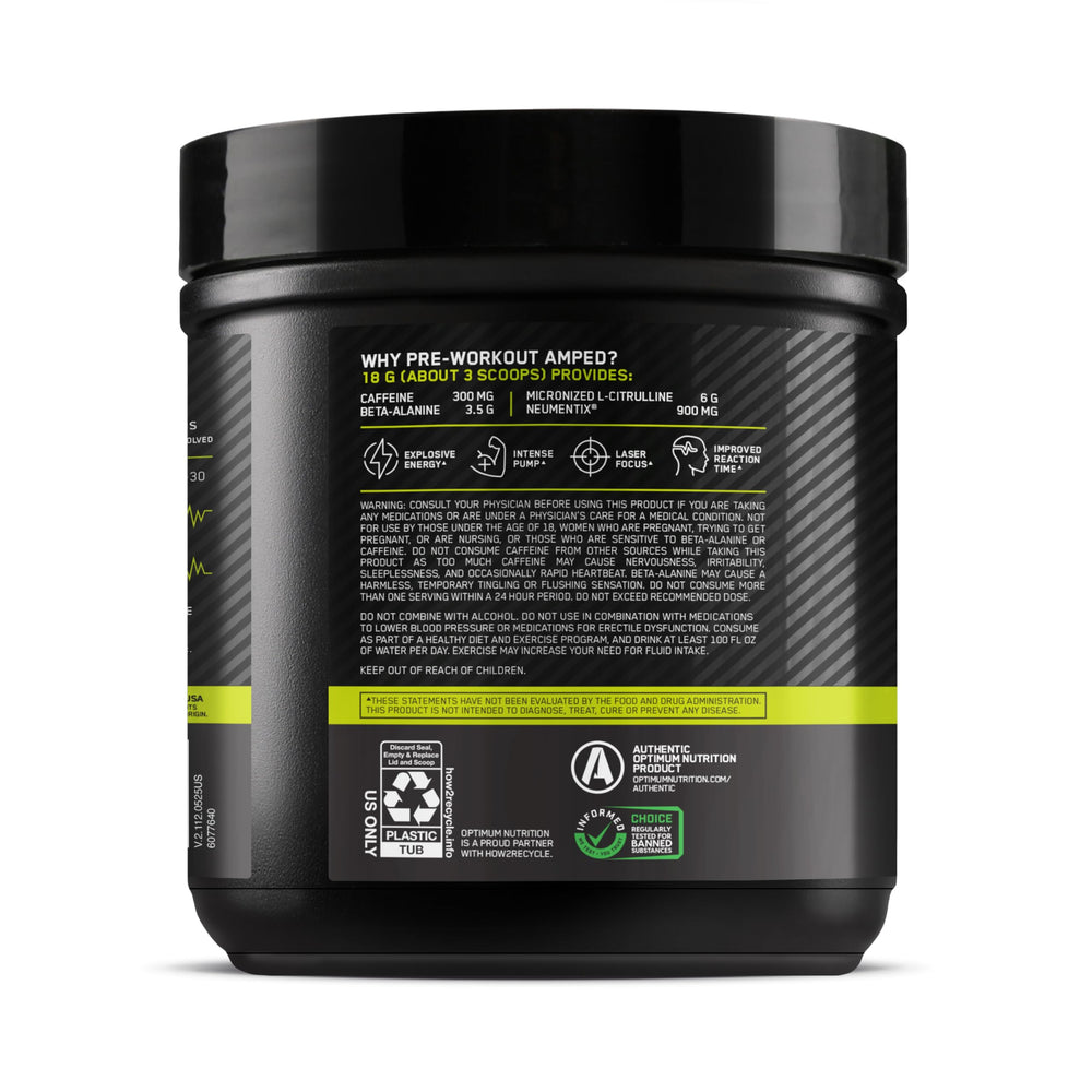 Optimum Nutrition Amped cucharada con polvo mostrando dosis práctica por servicio