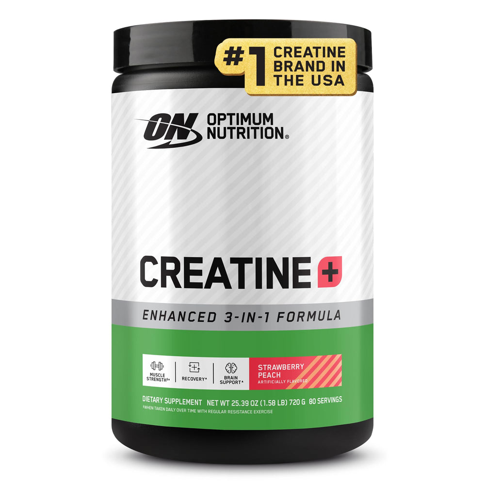 Optimum Nutrition envase frontal mostrando marca y sabor Strawberry Peach, confianza de marca