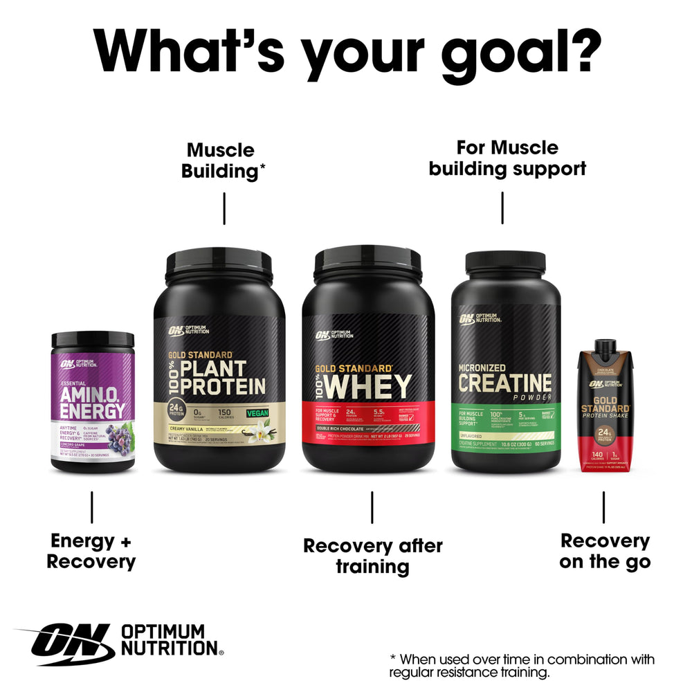 Optimum Nutrition envase abierto con polvo vertido en superficie, beneficio preparación visual