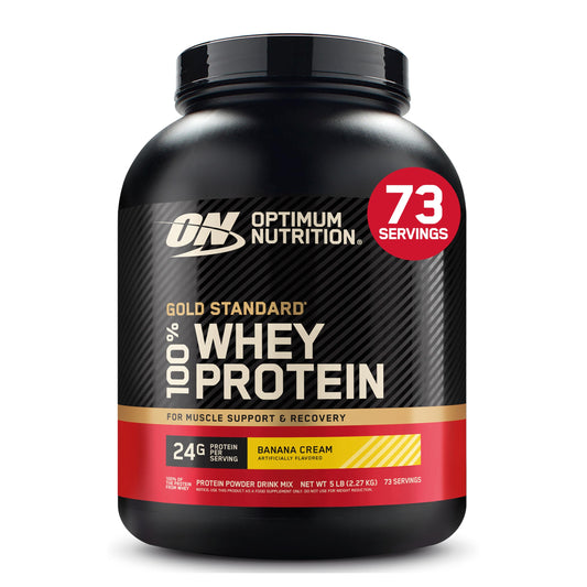 Optimum Nutrition envase frontal mostrando 5 libras y sabor Banana Cream beneficios claros