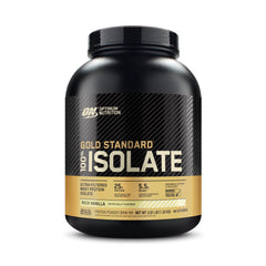 Optimum Nutrition envase frontal mostrando sabor Rich Vanilla y rapidez de mezcla