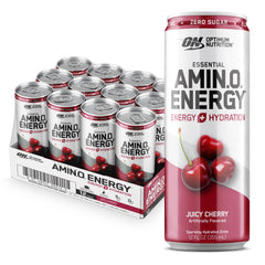 Optimum Nutrition lata frontal Juicy Cherry mostrando sabor y diseño, refresco bajo en calorías