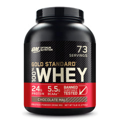 Envase Optimum Nutrition Gold Standard 5 lb frontal mostrando etiqueta y sabor Chocolate Malt, ideal para recuperación