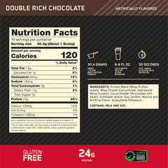 Optimum Nutrition cuchara dosificadora con polvo mostrando 24 g de proteína por porción