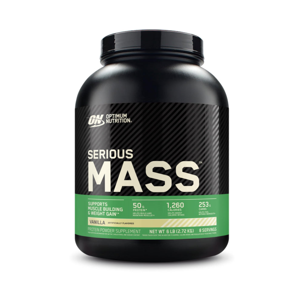 Envase de Optimum Nutrition Serious Mass Vanilla mostrando presentación 6LB y confianza