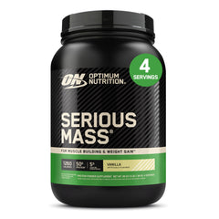 Optimum Nutrition envase frontal mostrando sabor vainilla y alto aporte calórico