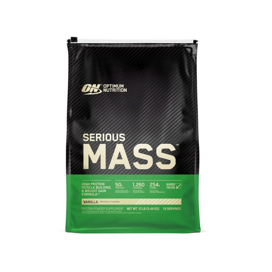 Optimum Nutrition Serious Mass frente del envase mostrando tamaño y marca para ganancia de peso