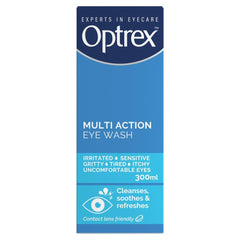 Optrex multiaction frontal mostrando el envase y beneficio de enjuague fácil