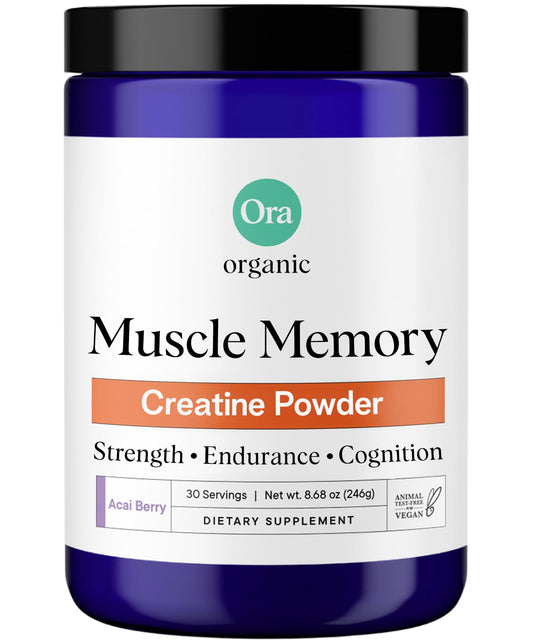 Ora Organic Creatine Monohydrate powder, micronized for smooth mix and quick absorption.