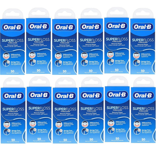 Oral-B envase frontal de Super Floss mostrando paquete múltiple y beneficio de suministro prolongado