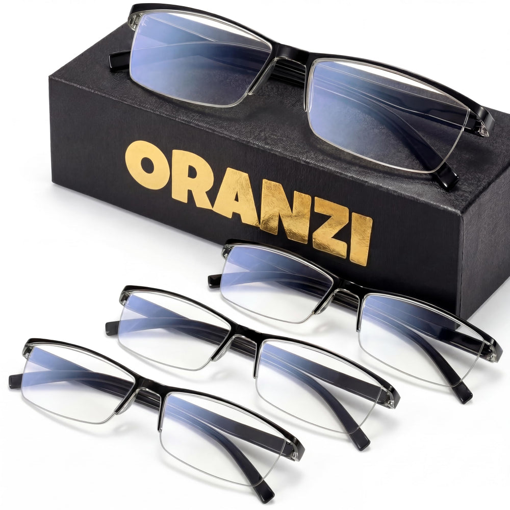 ORANZI vista frontal del pack de 4 gafas, conveniencia inmediata