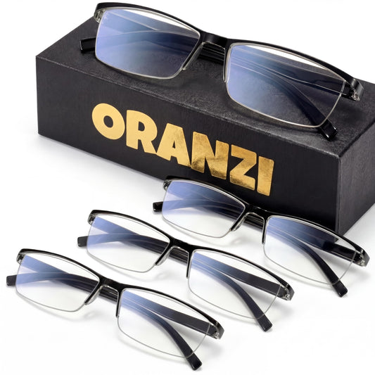 ORANZI vista frontal del pack de 4 gafas, conveniencia inmediata