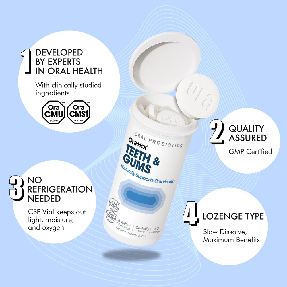 Close-up of OraTicx grape lozenge showing dissolvable texture for on-the-go use.