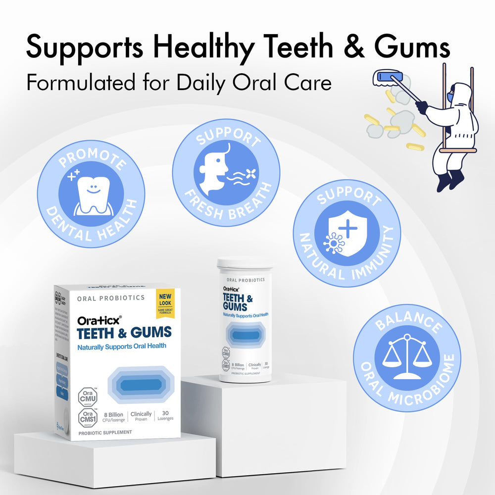 OraTicx grape-flavor lozenges packaging highlighting daily probiotic use.